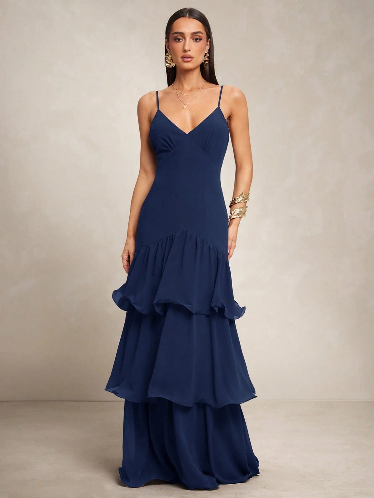 Silquee Vestido Elegante de Alça Fina com Bainha Camadas para Banquete/Encontro