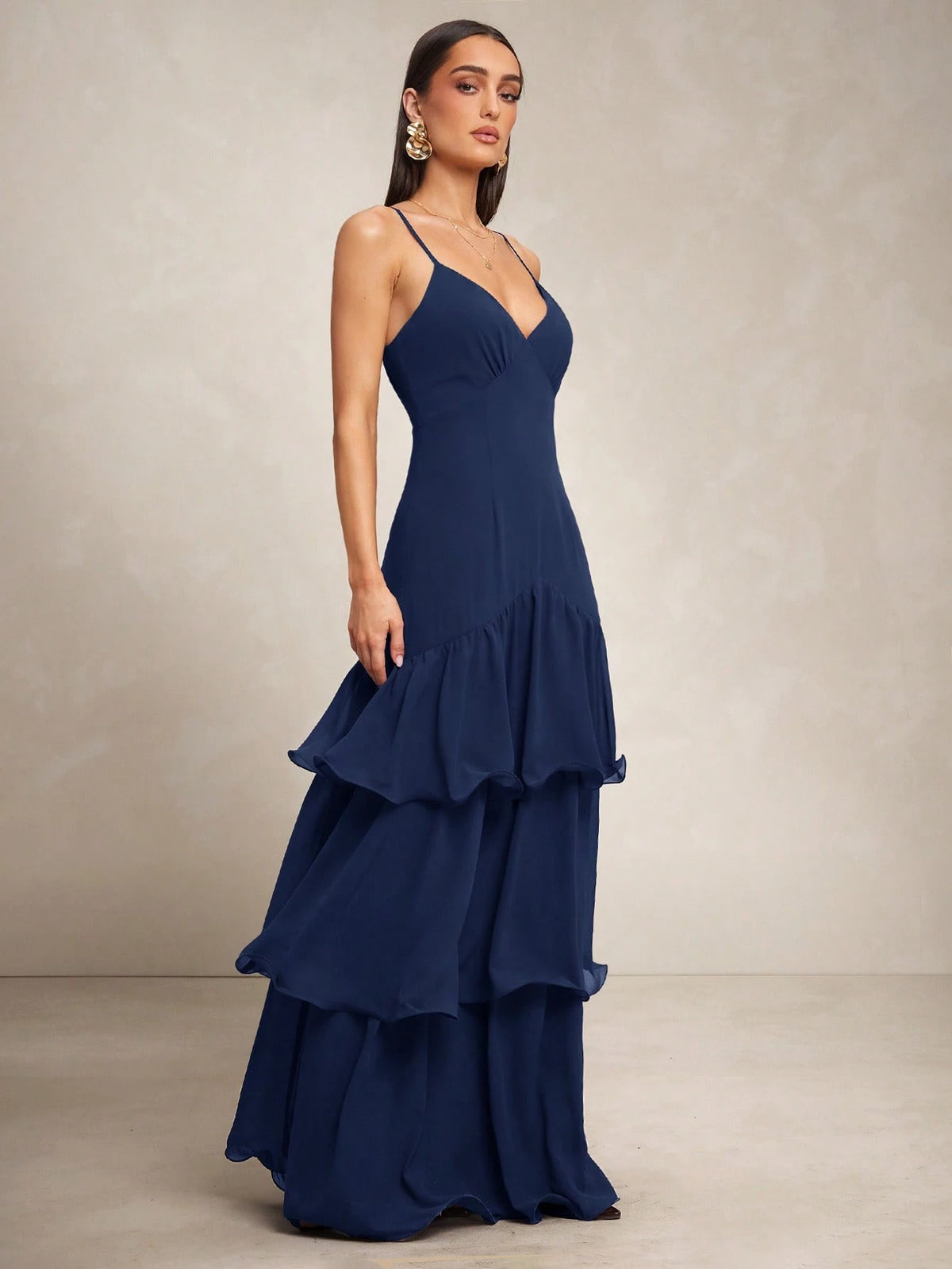 Silquee Vestido Elegante de Alça Fina com Bainha Camadas para Banquete/Encontro