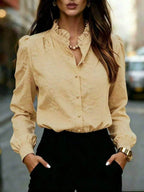 Camisa Feminina Elegante Manga Longa Bufante Bordado Floral