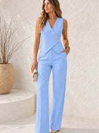 Conjunto Feminino Alfaiataria Elegante Colete com Botões e Calça Pantalona