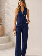 Conjunto Feminino Alfaiataria Elegante Colete com Botões e Calça Pantalona