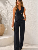 Conjunto Feminino Alfaiataria Elegante Colete com Botões e Calça Pantalona
