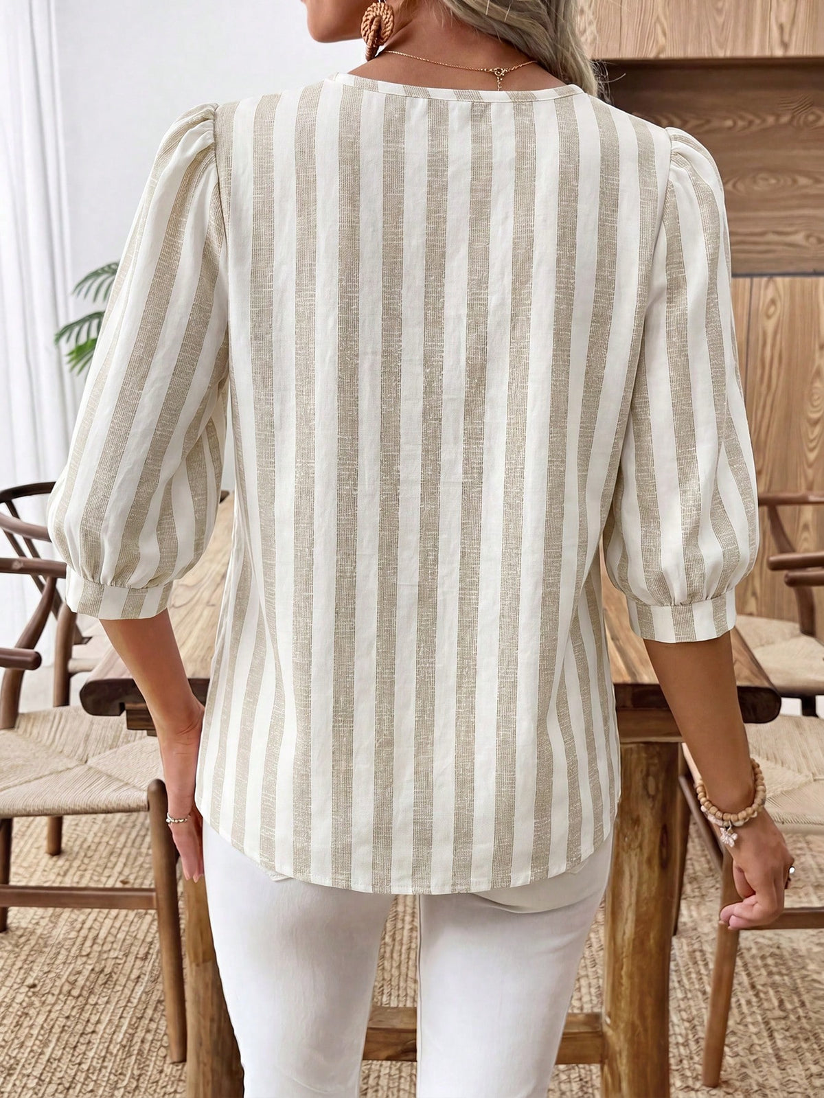 EMERY ROSE Camisa Casual de Manga Lanterna Estampada para Mulheres