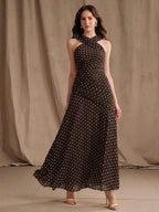 Anewsta Vestido Longo Elegante e Sexy para Mulheres, Primavera/Verão, Novo, Moda para Férias, Encontro, Casamento e Passeio, Ombro Frio, Poá, Gola Halter, Sem Mangas