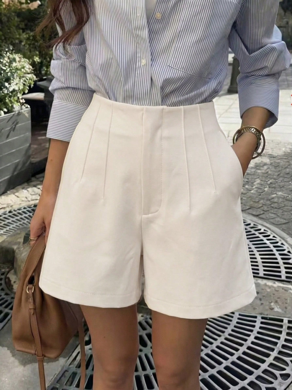 Shorts Feminino Plissado Damasco Tecido, Perna Reta Fashion Sem Elasticidade com Bolsos, Shorts de Verão, Shorts Versáteis para Escritório