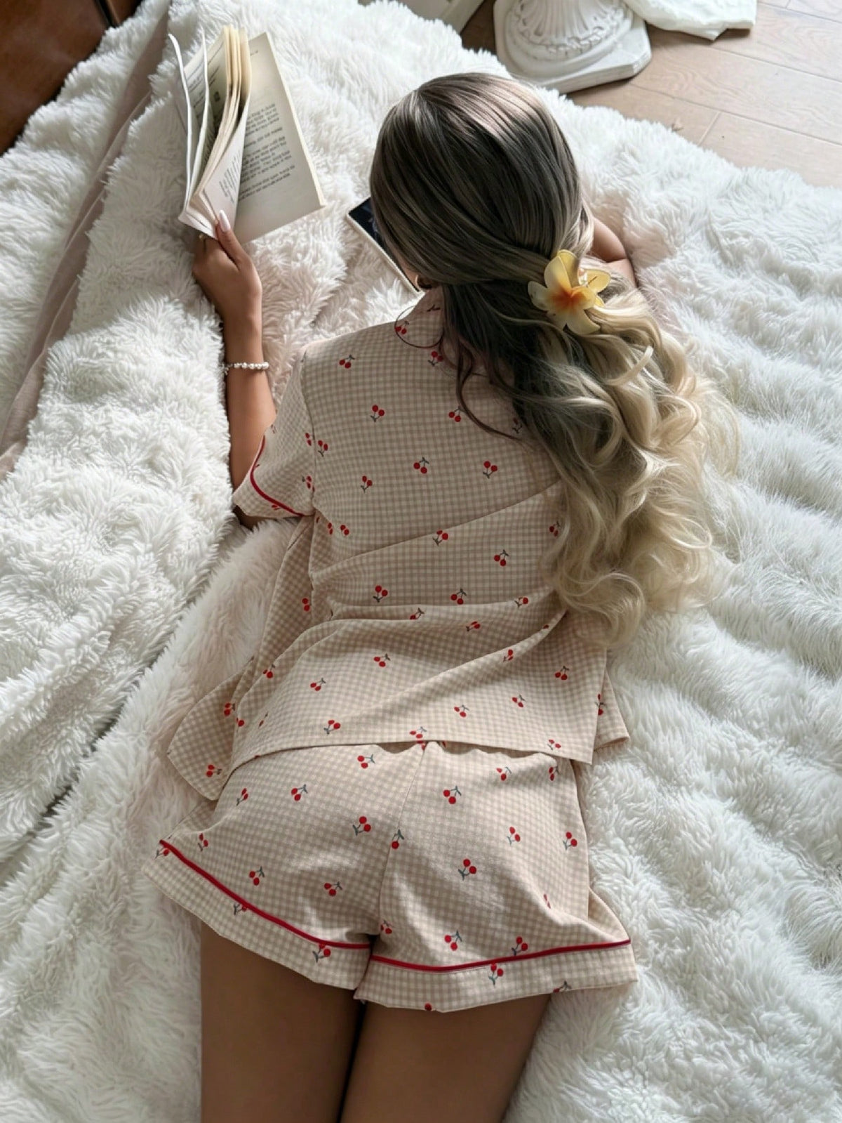 Pijama Americano Feminino Manga Curta e Short com Estampa Xadrez com Cereja