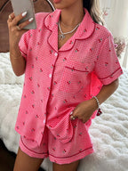 Pijama Americano Feminino Manga Curta e Short com Estampa Xadrez com Cereja