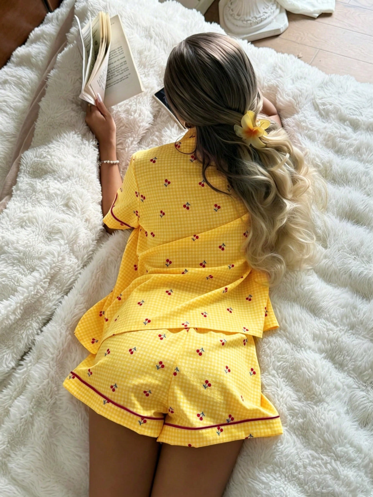 Pijama Americano Feminino Manga Curta e Short com Estampa Xadrez com Cereja