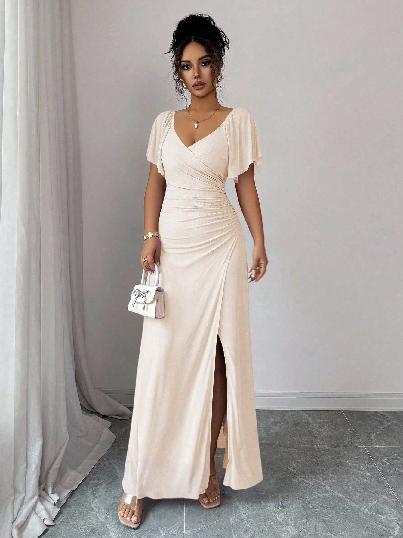 Vestido Longo Para Festa Feminino com Mangas e Fenda Lateral