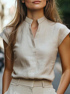 Camisa Feminina Elegante Manga Curta com Decote V Entalhado