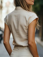 Camisa Feminina Elegante Manga Curta com Decote V Entalhado