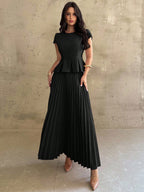 Firerie Conjunto Feminino 2 Peças com Top de Gola Redonda e Saia Plissada, Cor Sólida, Casual Elegante para Uso Diário e Escritório, Marrom Escuro, Outono, Formatura, Aniversário