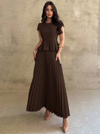 Firerie Conjunto Feminino 2 Peças com Top de Gola Redonda e Saia Plissada, Cor Sólida, Casual Elegante para Uso Diário e Escritório, Marrom Escuro, Outono, Formatura, Aniversário