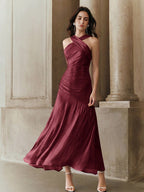 Vestido Longo Feminino Gola Princesa Forrado Elegante Cintura Para Convidada