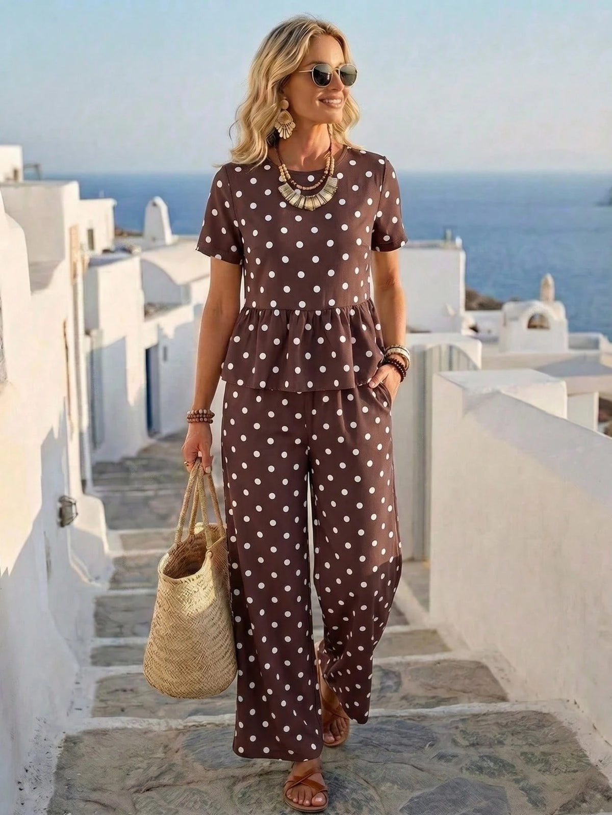 EMERY ROSE Conjunto Feminino de Camisa de Manga Curta com Decote Redondo e Calça em Listras Azul e Branco, Elegante, Costeiro, Tropical, Modesto, Sexy, Casual, para Férias, Verão e Praia
