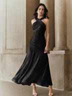 Vestido Longo Feminino Gola Princesa Forrado Elegante Cintura Para Convidada