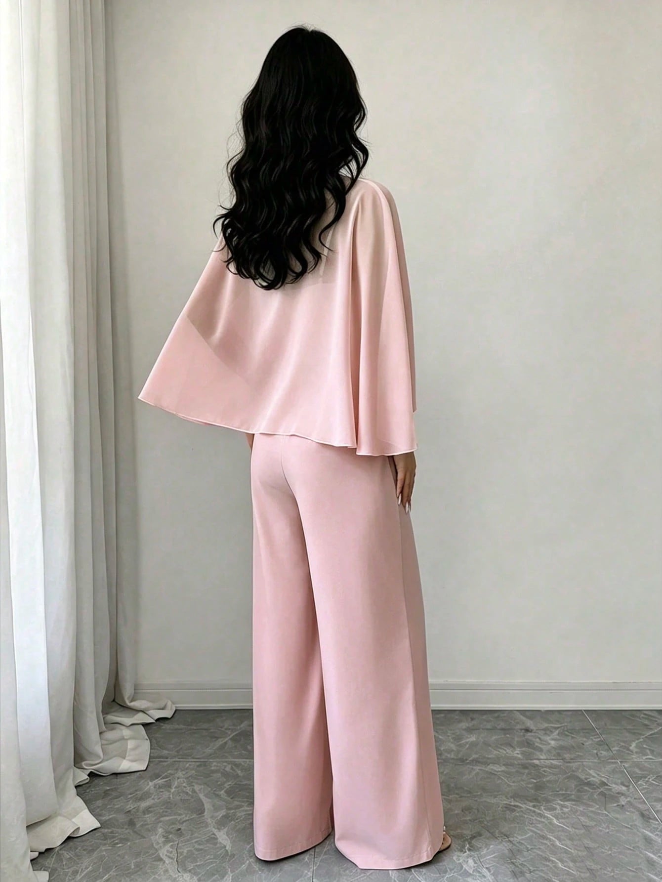  Macacão Elegante Feminino Pantalona com Xale de Tule e Cinto