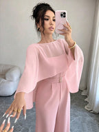  Macacão Elegante Feminino Pantalona com Xale de Tule e Cinto
