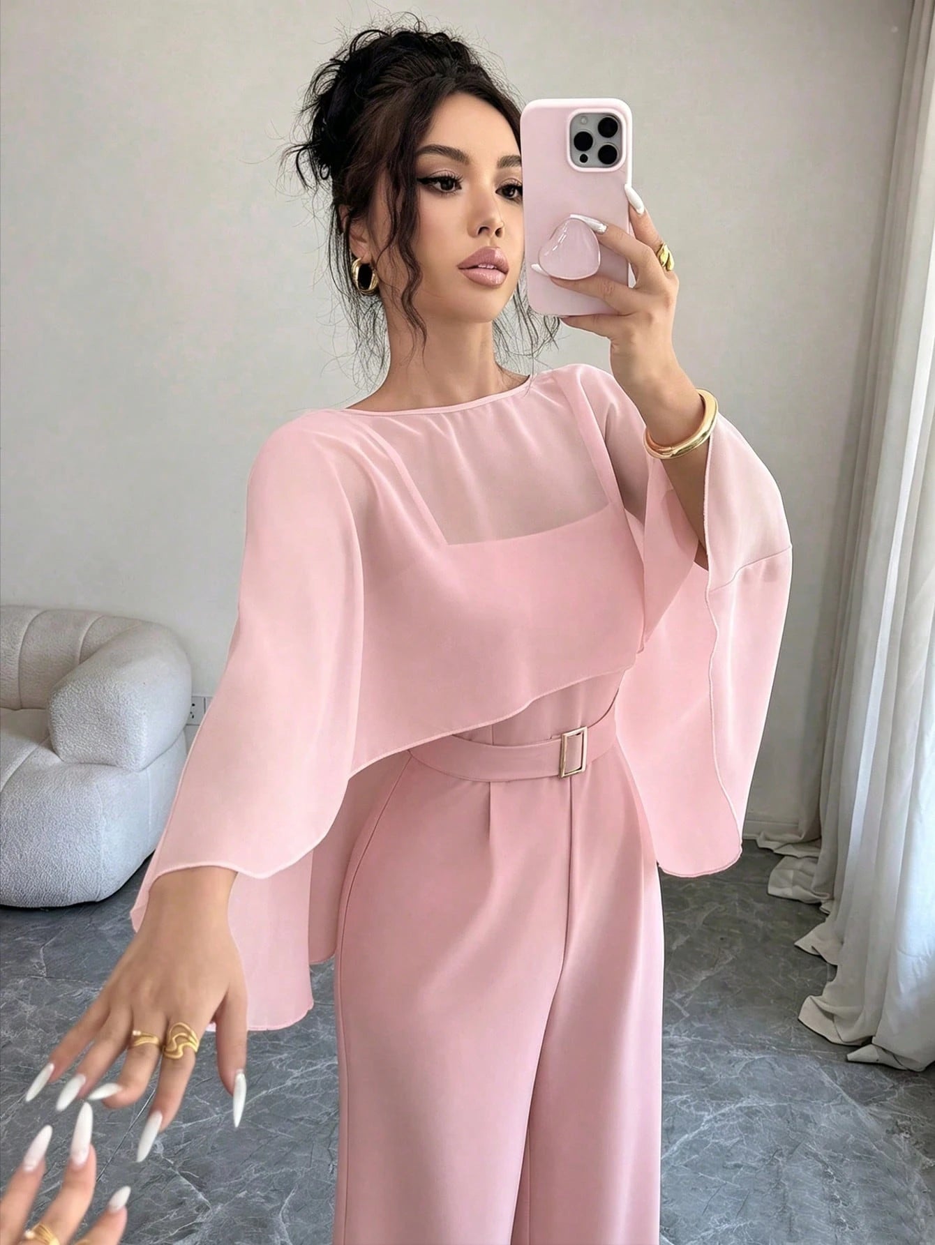  Macacão Elegante Feminino Pantalona com Xale de Tule e Cinto