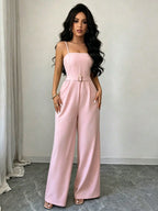 Macacão Elegante Feminino Pantalona com Xale de Tule e Cinto