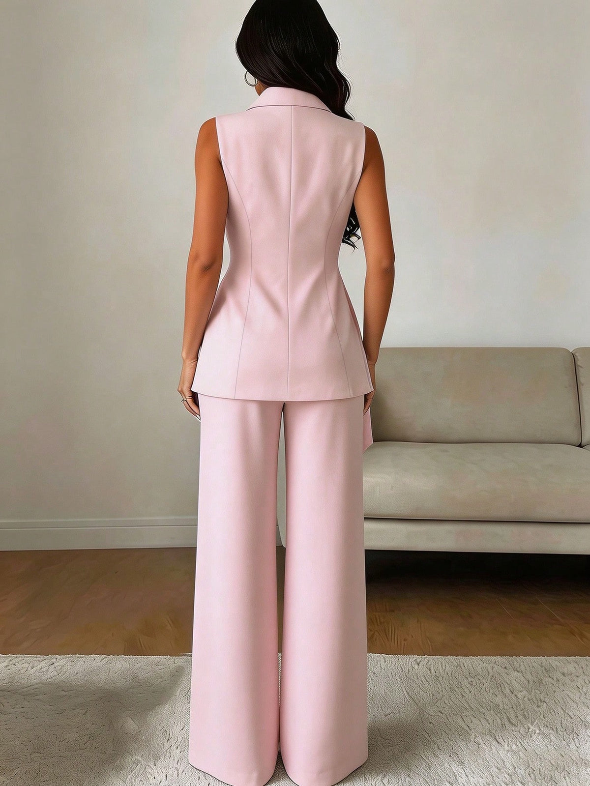 SHEIN Raffinéa Conjunto de 2 Peças com Colete Sem Mangas com Decote em V, Decoração de Metal Torcido Rosa Claro, Cintura Definida e Calça Reta, Estilo Francês de Verão, Adequado para Ir ao Trabalho e Uso Profissional