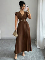 Elenzga Novo Vestido Longo Feminino com Decote em V, Manga com Babado, Tecido Liso, Fivela de Metal, Design Plissado, Elegante, Jovem, para Dia dos Namorados, Banquete, Férias e Festa, com Efeito Alongador e Emagrecedor