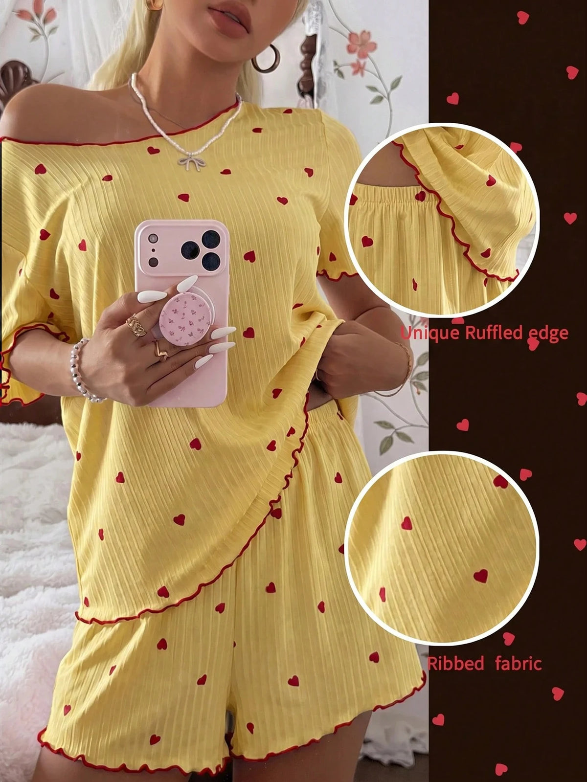 Pijama Feminino Blusa e Short Confortável Estampa Coração