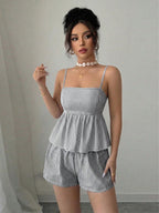 Elenzga Top Cami Feminino de Linho Listrado Azul e Branco, Decote V Profundo, Costas Abertas, Cintura Baixa com Cordão, Solto, Casual, Cropped, Sexy, Fofo, Elegante, Romântico, para Verão, Praia e Férias, com Amarração nas Costas