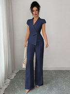 Elenzga Conjunto Elegante Feminino de 2 Peças em Azul-Petróleo, Blusa com Gola Assimétrica Cruzada, Manga Borboleta e Cintura Marcada & Calça com Cintura Elástica, Look de Verão para Trabalho e Deslocamento