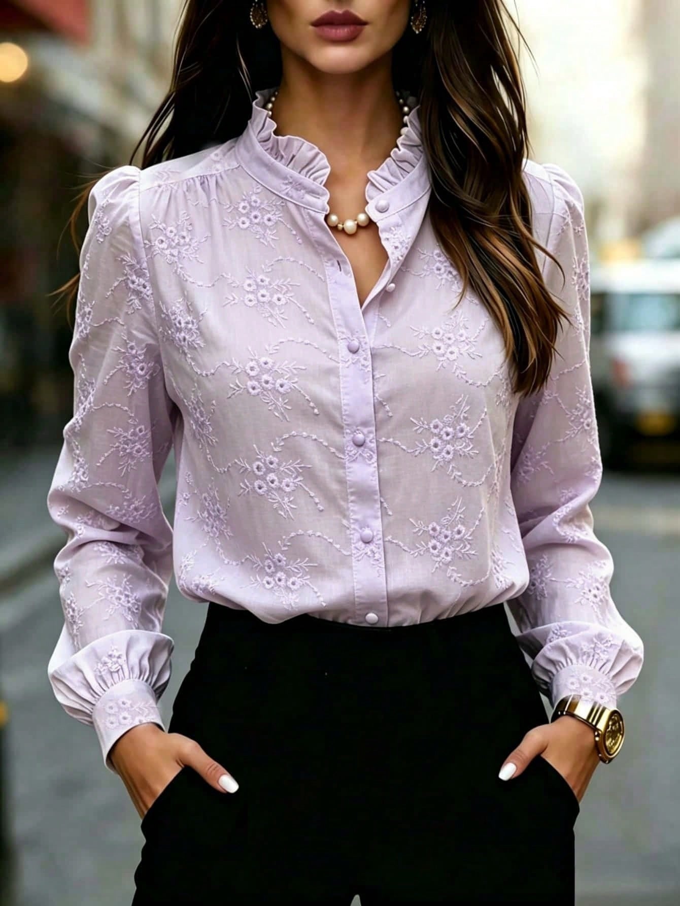 Camisa Feminina Elegante Manga Longa Bufante Bordado Floral