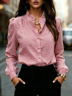 Camisa Feminina Elegante Manga Longa Bufante Bordado Floral