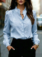 Camisa Feminina Elegante Manga Longa Bufante Bordado Floral