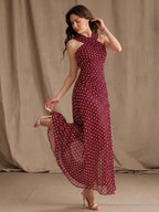 Anewsta Vestido Longo Elegante e Sexy para Mulheres, Primavera/Verão, Novo, Moda para Férias, Encontro, Casamento e Passeio, Ombro Frio, Poá, Gola Halter, Sem Mangas