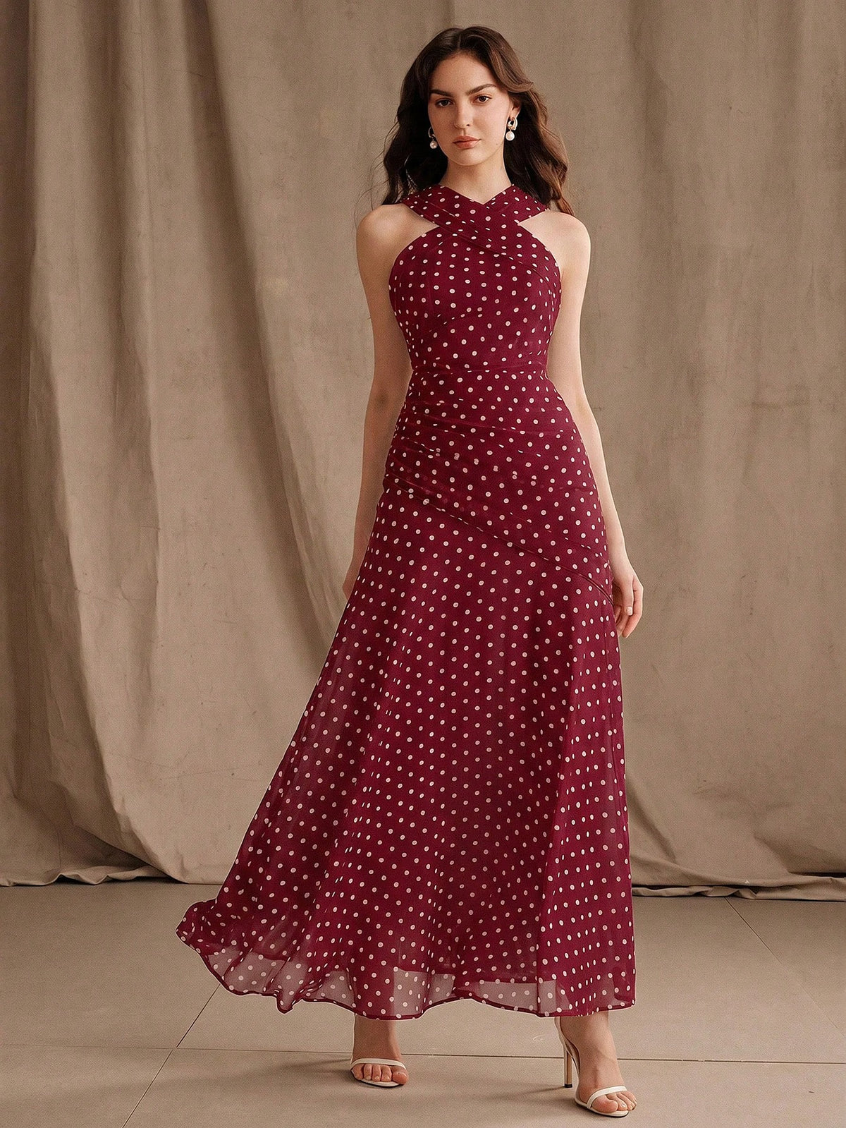 Anewsta Vestido Longo Elegante e Sexy para Mulheres, Primavera/Verão, Novo, Moda para Férias, Encontro, Casamento e Passeio, Ombro Frio, Poá, Gola Halter, Sem Mangas