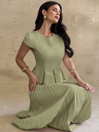 Firerie Conjunto Feminino 2 Peças com Top de Gola Redonda e Saia Plissada, Cor Sólida, Casual Elegante para Uso Diário e Escritório, Marrom Escuro, Outono, Formatura, Aniversário
