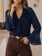 Blusa Feminina Decote V Babados em Chiffon com Manga Sino