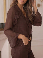 Blusa Feminina Decote V Babados em Chiffon com Manga Sino