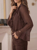 Blusa Feminina Decote V Babados em Chiffon com Manga Sino