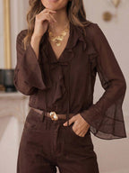 Blusa Feminina Decote V Babados em Chiffon com Manga Sino