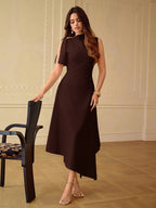 Vestido Midi Feminino Elegante Bainha Assimétrica com Detalhe no Ombro