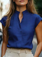 Camisa Feminina Elegante Manga Curta com Decote V Entalhado