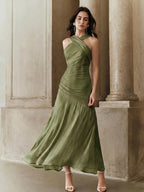 Vestido Longo Feminino Gola Princesa Forrado Elegante Cintura Para Convidada