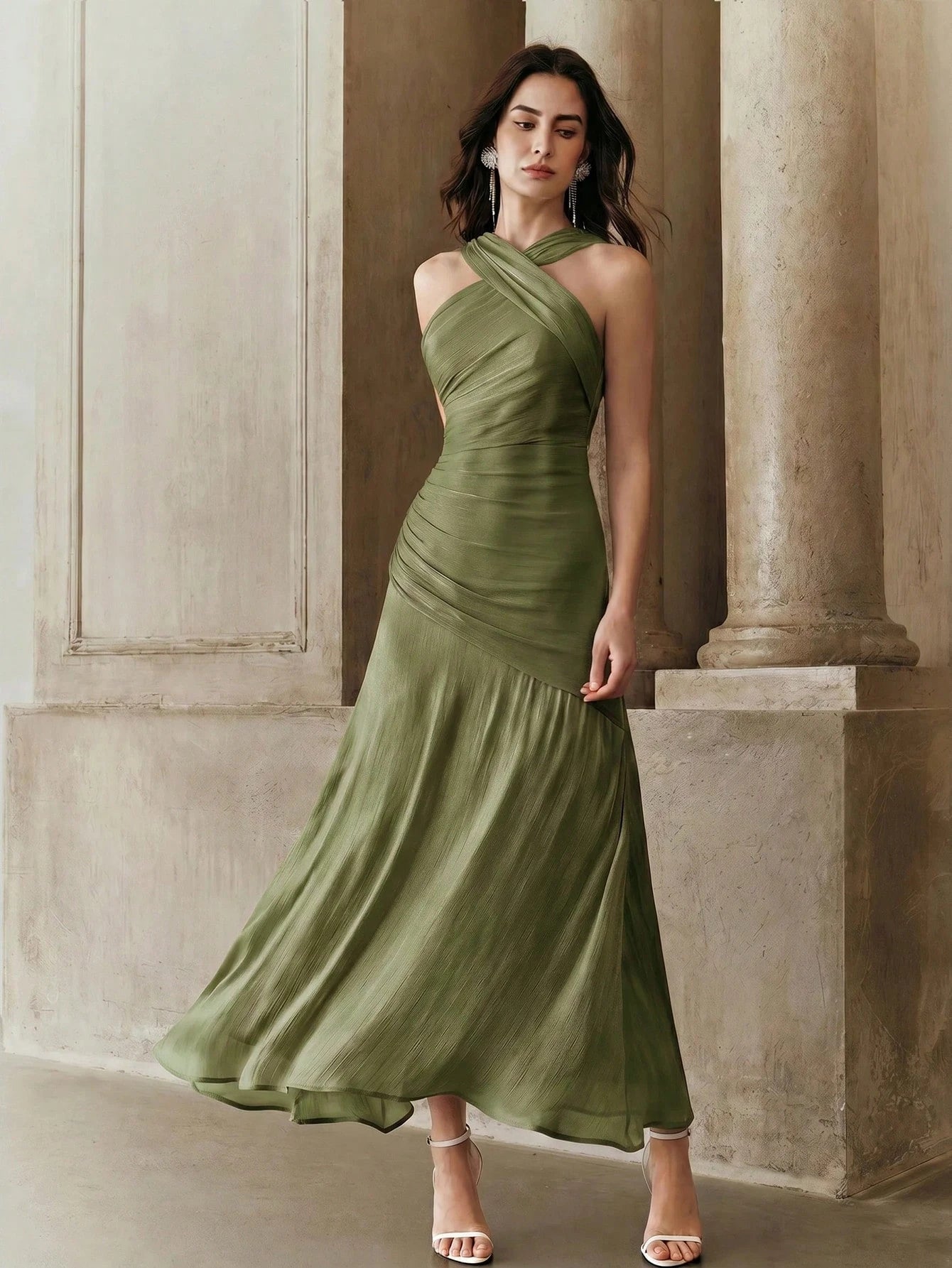 Vestido Longo Feminino Gola Princesa Forrado Elegante Cintura Para Convidada