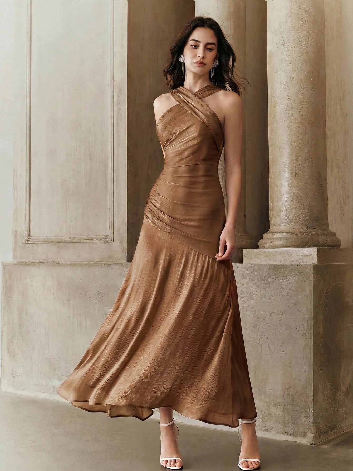Vestido Longo Feminino Gola Princesa Forrado Elegante Cintura Para Convidada