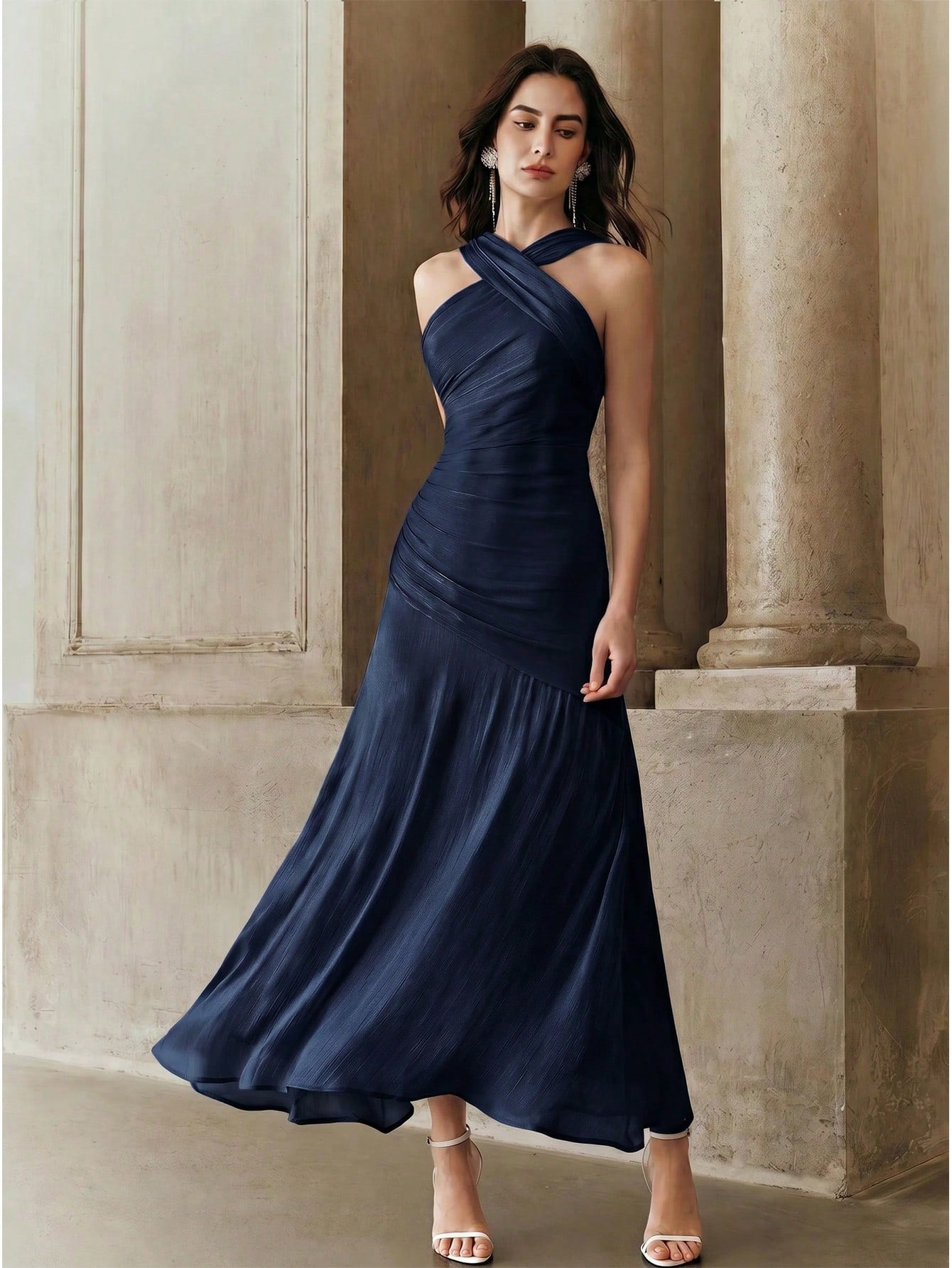Vestido Longo Feminino Gola Princesa Forrado Elegante Cintura Para Convidada