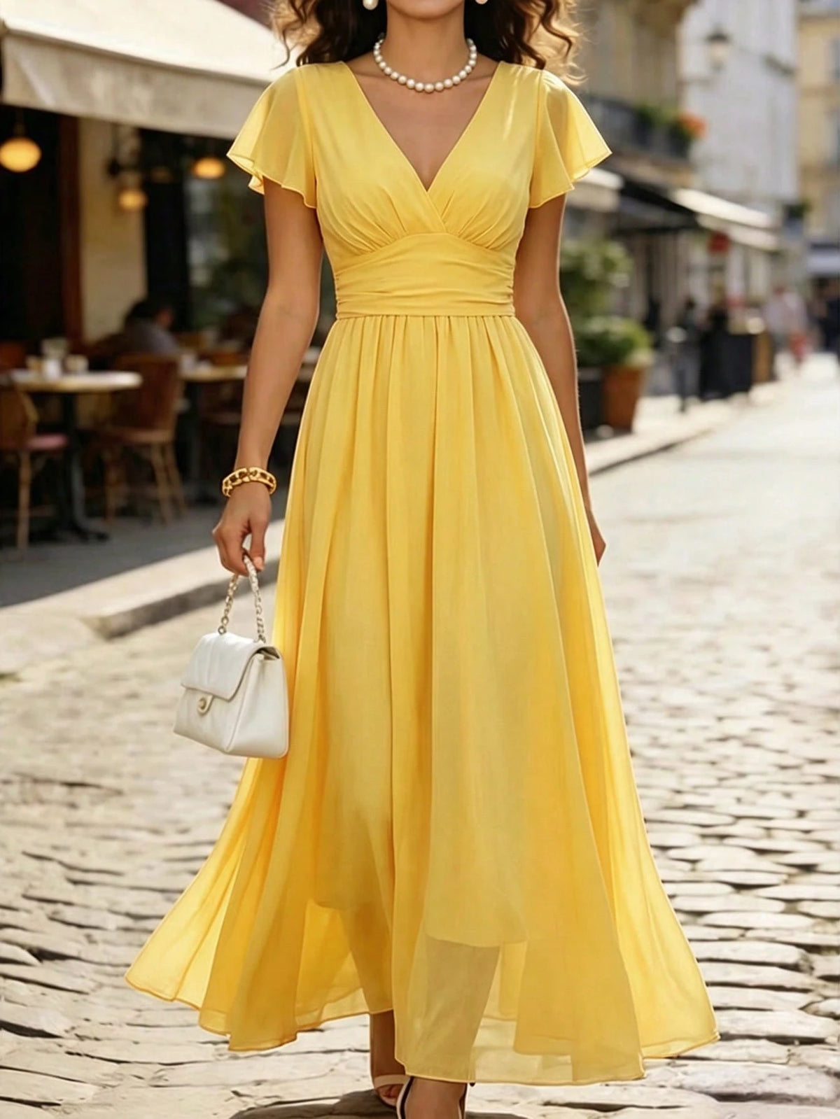 Vestido Longo em Chiffon Cintura Marcada Manga com Babados
