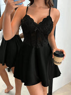 Dream Adore Vestido Slip Feminino com Decoração de Laço em Cetim Falso de Seda, Renda e Espinha de Peixe, Sexy e Maduro