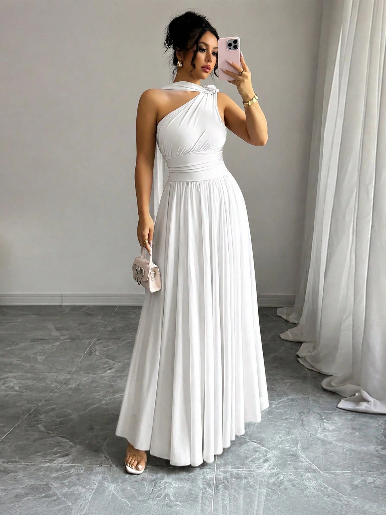 Vestido Longo Feminino Um Ombro Só com Faixa no Pescoço Para Convidada