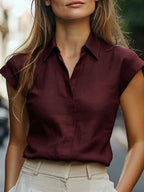 Camisa Feminina Elegante Manga Curta com Decote V Entalhado