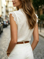 Blusa Branca Elegante Francesa de Alta Qualidade com Patchwork de Renda para Primavera/Verão, Escritório, Trabalho e Festa